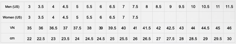 bảng size giày converse